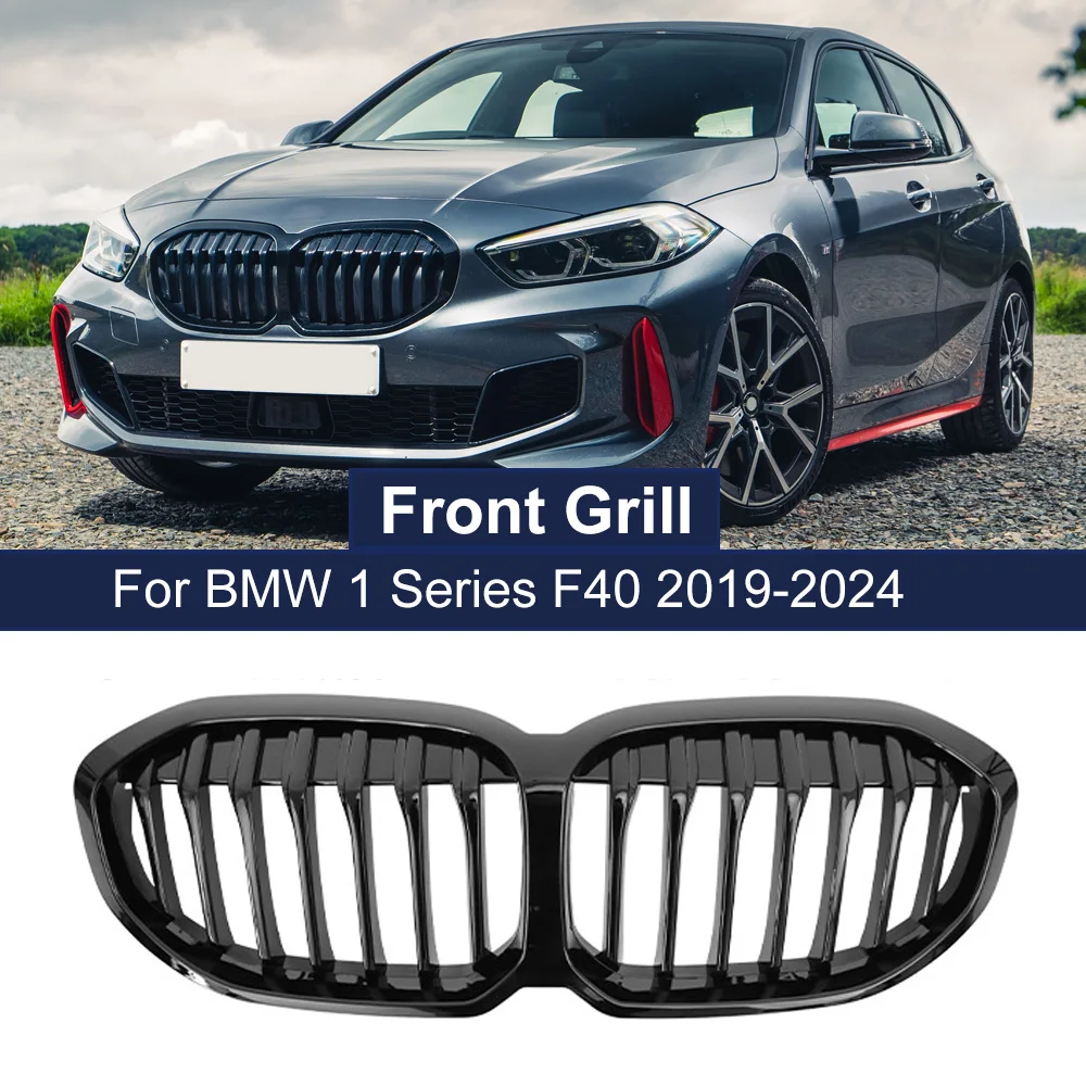 

2PCS Car Front Bumper Grille Racing Grills Kidney Grilles for BMW 1 Series F40 2020-IN Single Slat Line Gloss Black Auto Styling