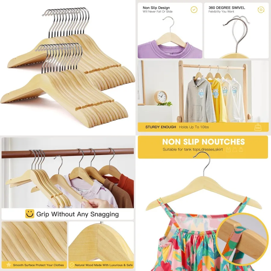 

18 упаковок твердых деревянных вешалок с натуральной гладкой отделкой и нескользящими насечками для малышей и младенцев: прочный, антикоррозийный, на 360 градусов