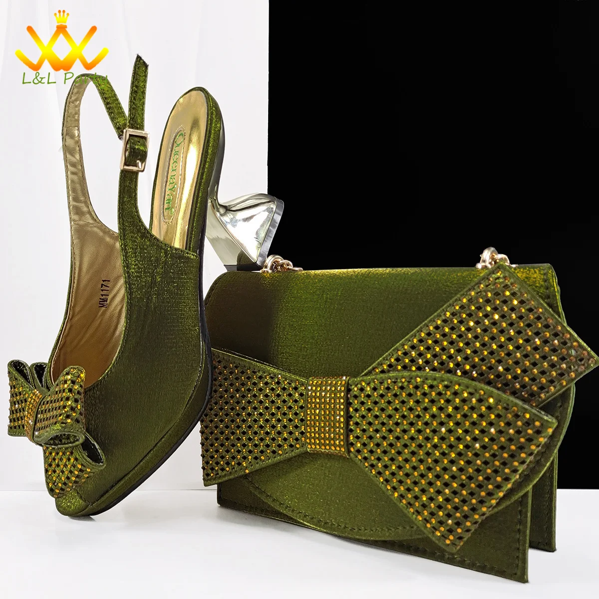 

2025 High Quality Fashion New Design Super High Heels in Olive Color Special Mature Italian Women Shoes and Bag Set