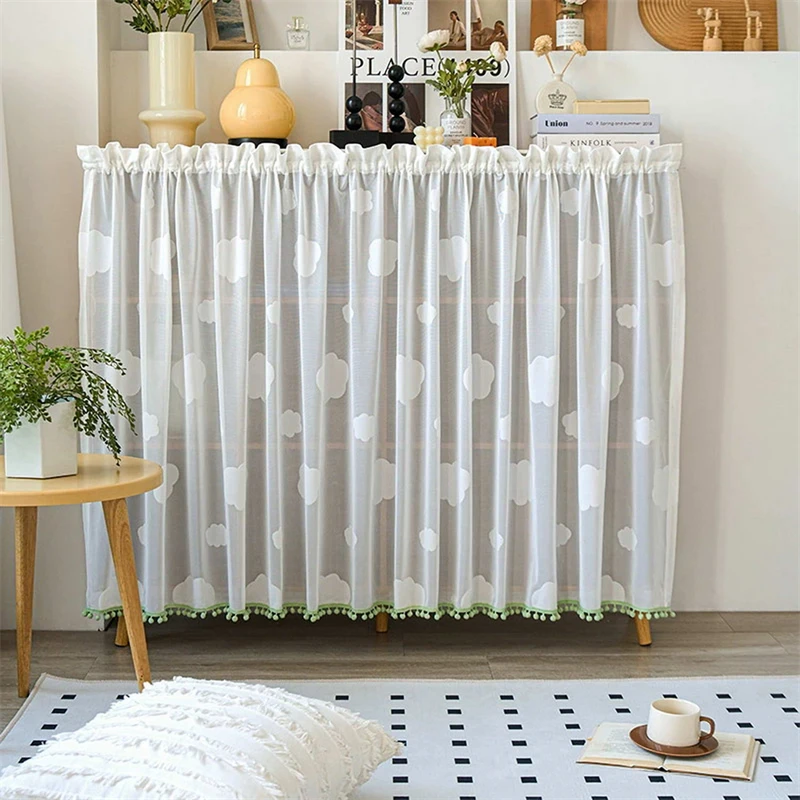 1 Panel White Cloud Pattern Pull Pleated Tape Small Window Curtain For Kitchen Cabinet Coffee Half Curtain Korean Doorway Drapes