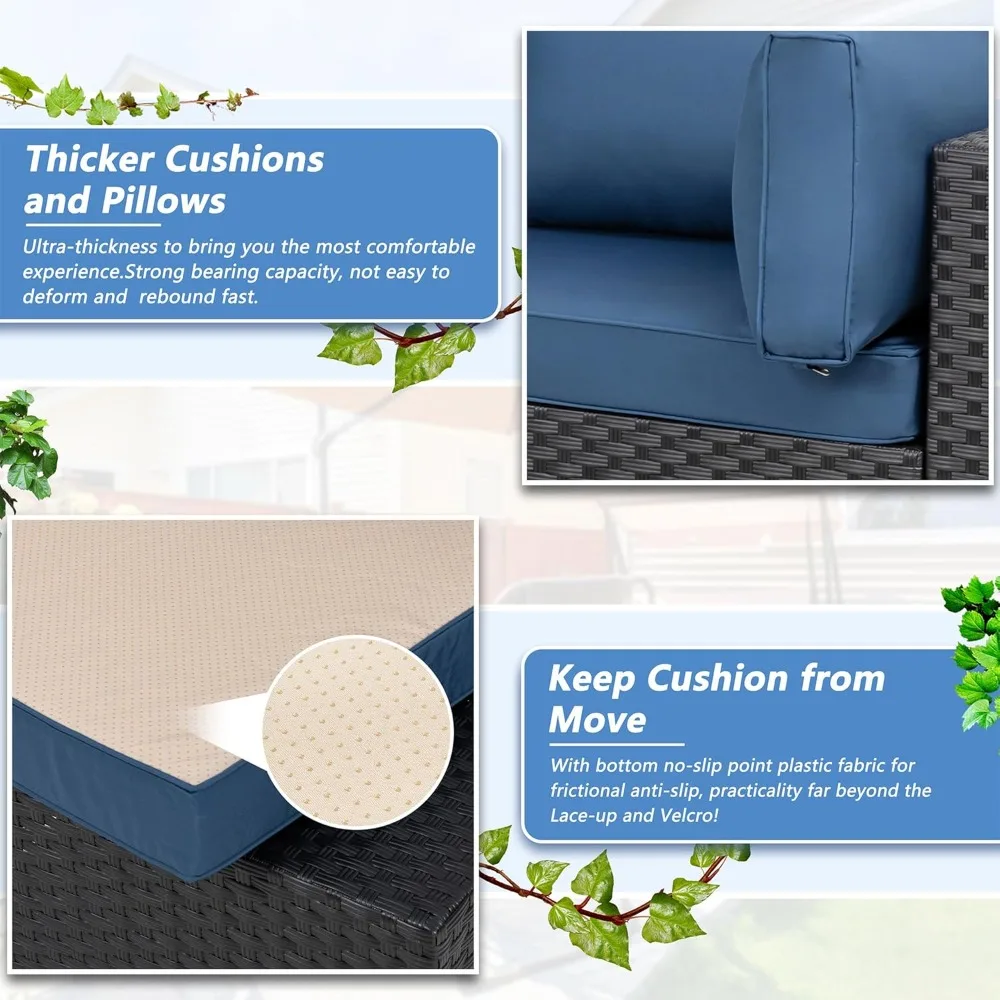 5-teiliges Sofa für die Terrasse im Freien, Möbelsets aus PE-Korbgeflecht, Gesprächssets mit waschbaren Kissen, Couchtisch aus Glas