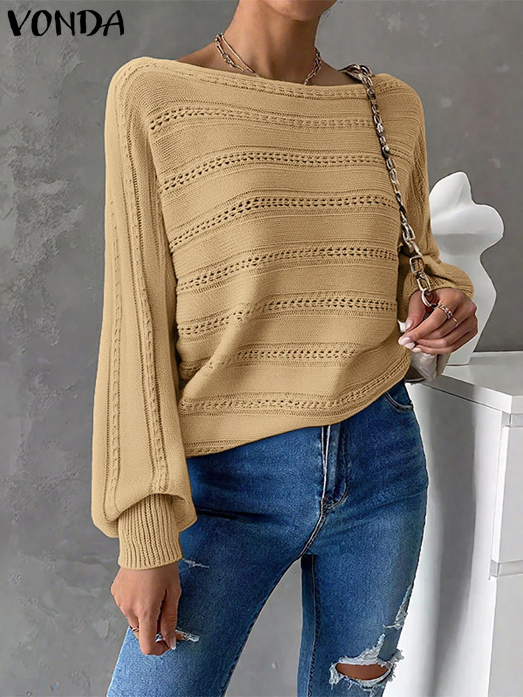 

Knitted Sweaters Women O Neck Loose Pullover VONDA 2025 Autumn Fashion Solid Long Sleeve Jumpers Casual Loose Thin Knitted Coat