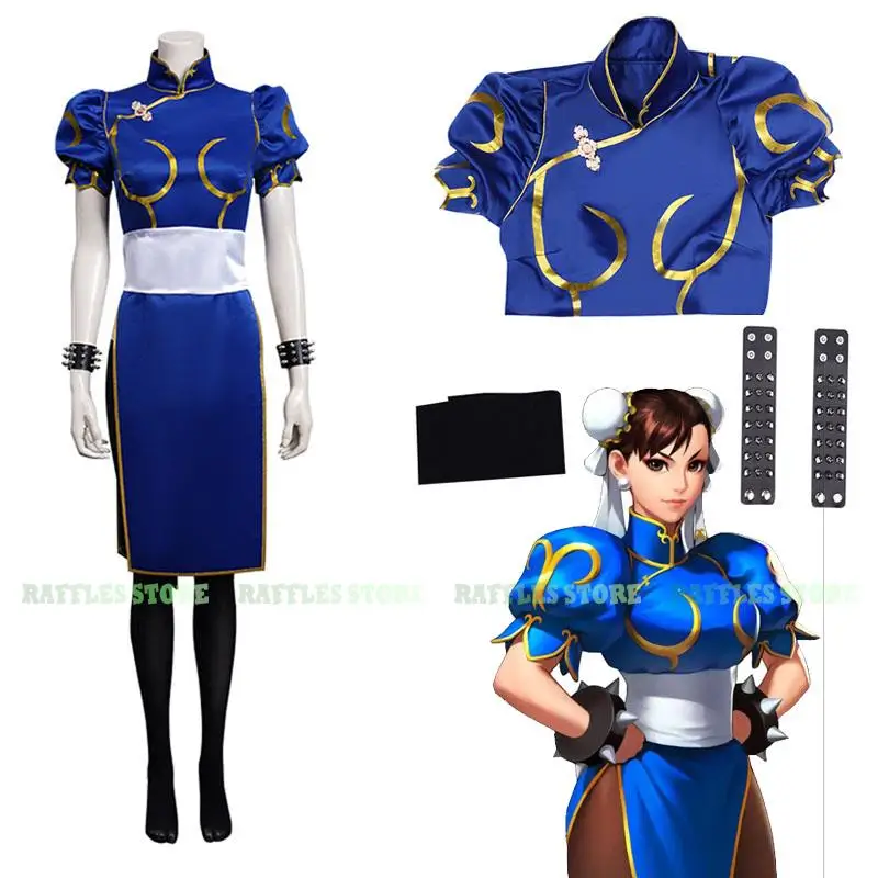 

Chun Li Cosplay Dress Sexy Women Qipao Costume Game SF RolePlay Blue Skirt ChunLi Outfit Women Halloween Party Disguise Suit