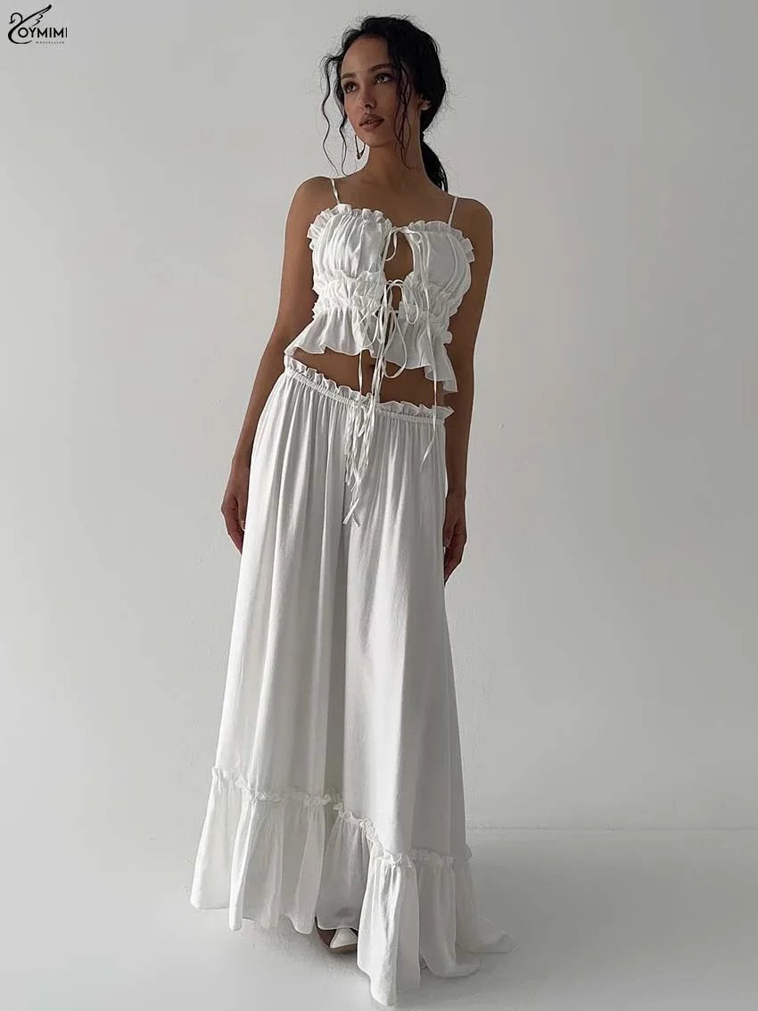 

Oymimi Elegant White Ruffled Two Piece Outfits Woman Autumn Spaghetti Strap Lace-Up Crop Tops And Drawstring Loose Trousers Sets