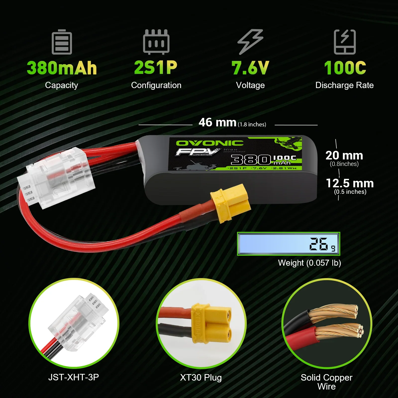 OVONIC 2S Lipo Battery 380mAh 2S1P 100C 7.4V LiPo Battery with XT30 Plug for Tinywhoop FPV Drone Quadcopter