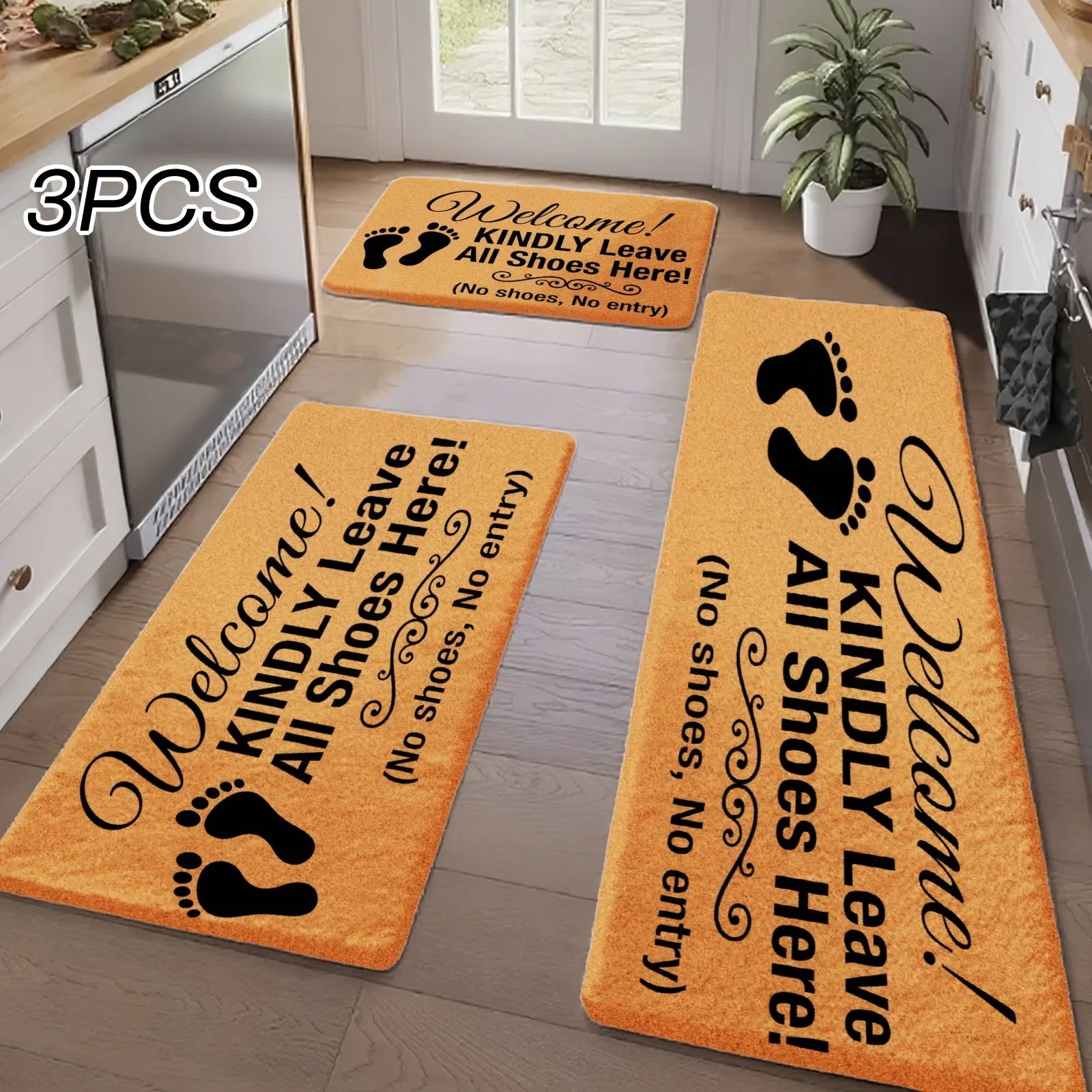 3PCS Kitchen Rugs,Home Decoration for Front Door,Kitchen,Bathroom,Welcome Kindly Leave Shoes Here No Shoes No Entry Dining Mat