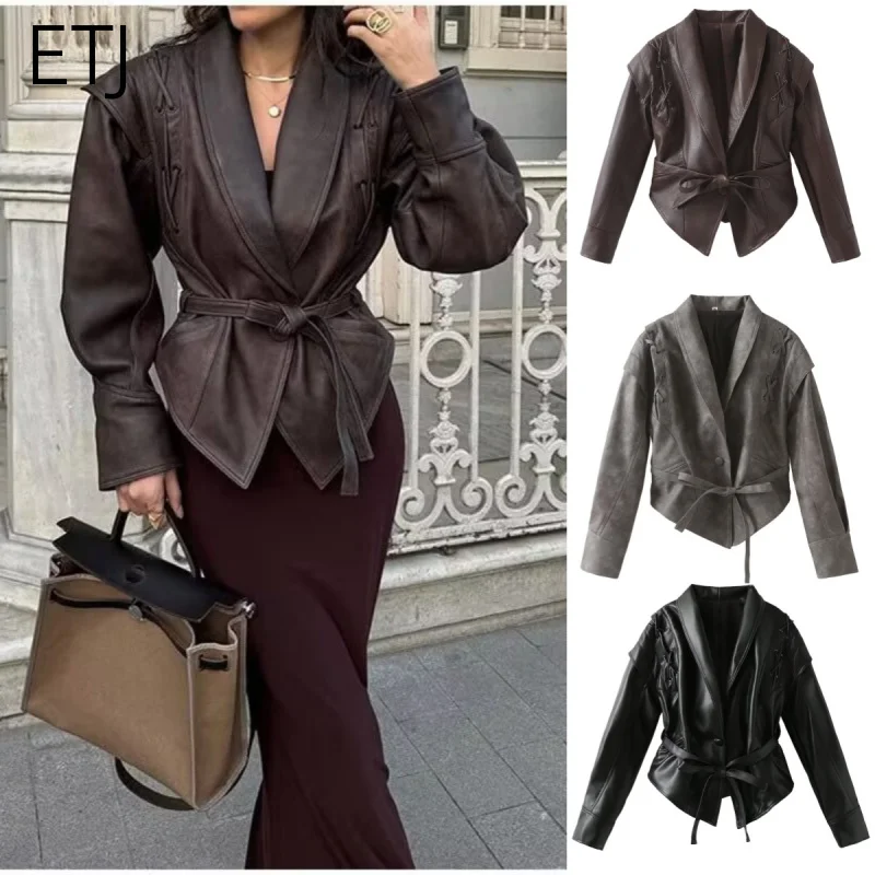 

Кожаная куртка ETJ 2026: Новая коллекция для женщин, модная, с декоративными отверстиями, на завязках, в стиле ретро-корт, с поясом на талии