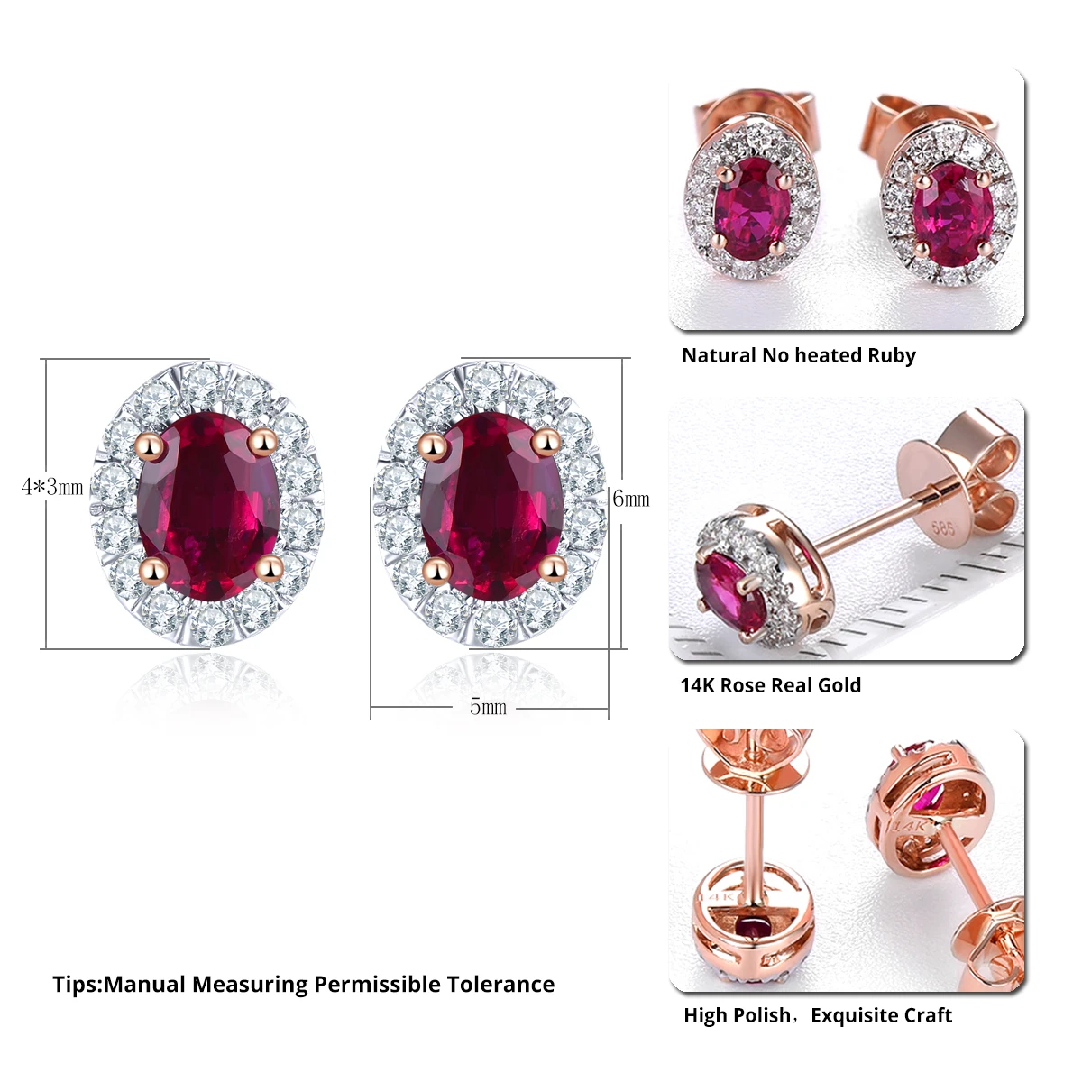 Lohaspie 14K Rose Gold Stud Earring Natural No Heated Ruby 0.477 Carats Genuine Gemstone Fashion Style Fine jewelry