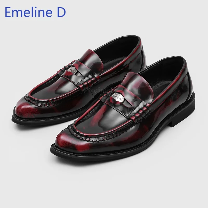 Men Business Loafers Square Pointed Toe Metal Badge Accent Stitch Craft Slip On Low Heel Office Commute Banquet Casual Shoes