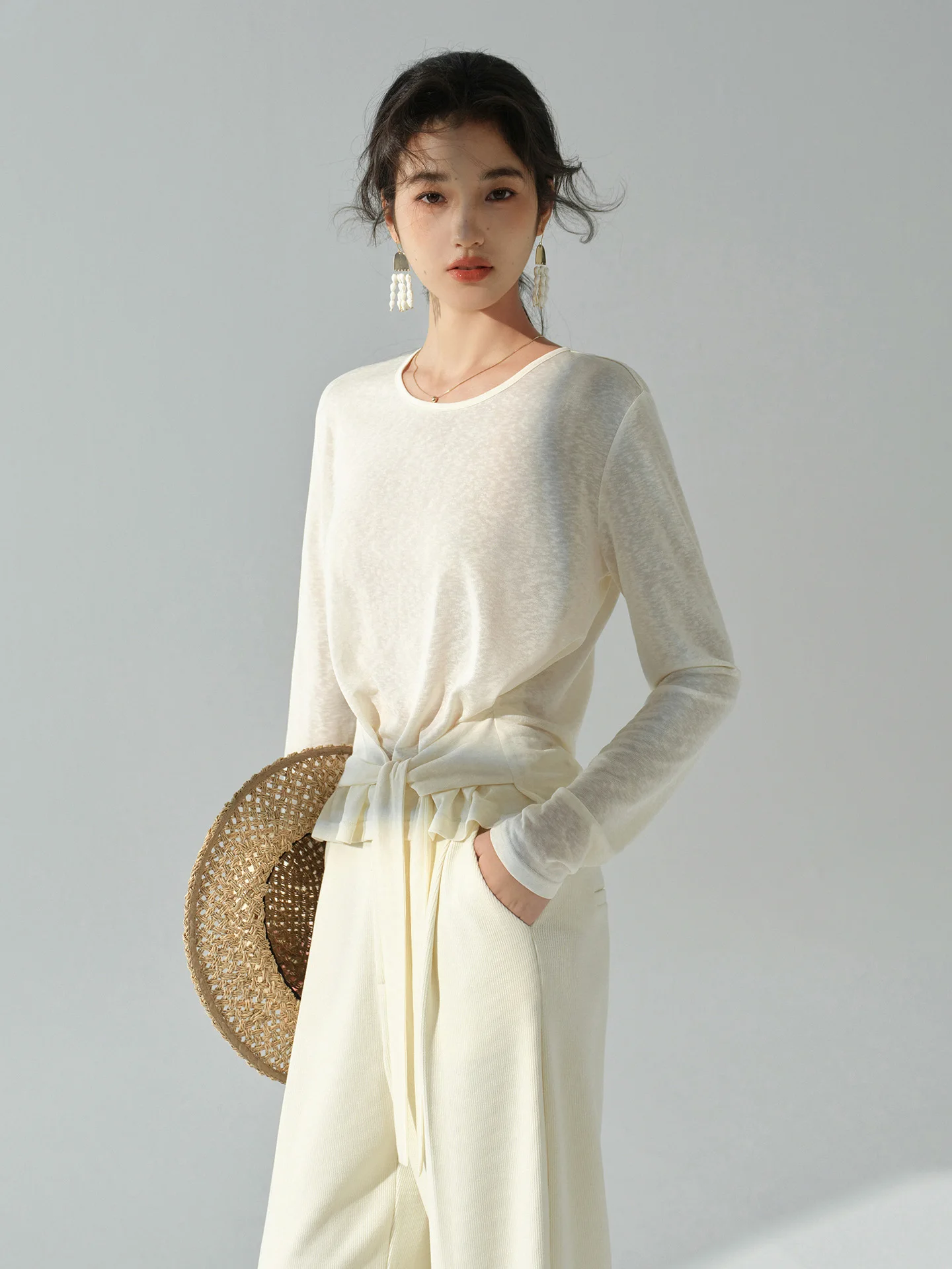 Women Solid Color Long Sleeve T Shirt Lyocell Round Neck Top Waist Tie Autumn Casual Slim Blouse Elegant Minimalist Daily Outfit
