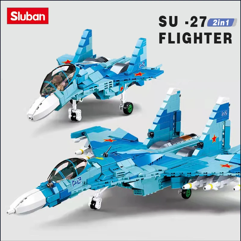 Sluban Military Air Force Weapon Sukhoi Su-27 Su-57 Flanker Fighter Building Blocks Kit Bricks WW2 Classic Model Toys Boys Gift