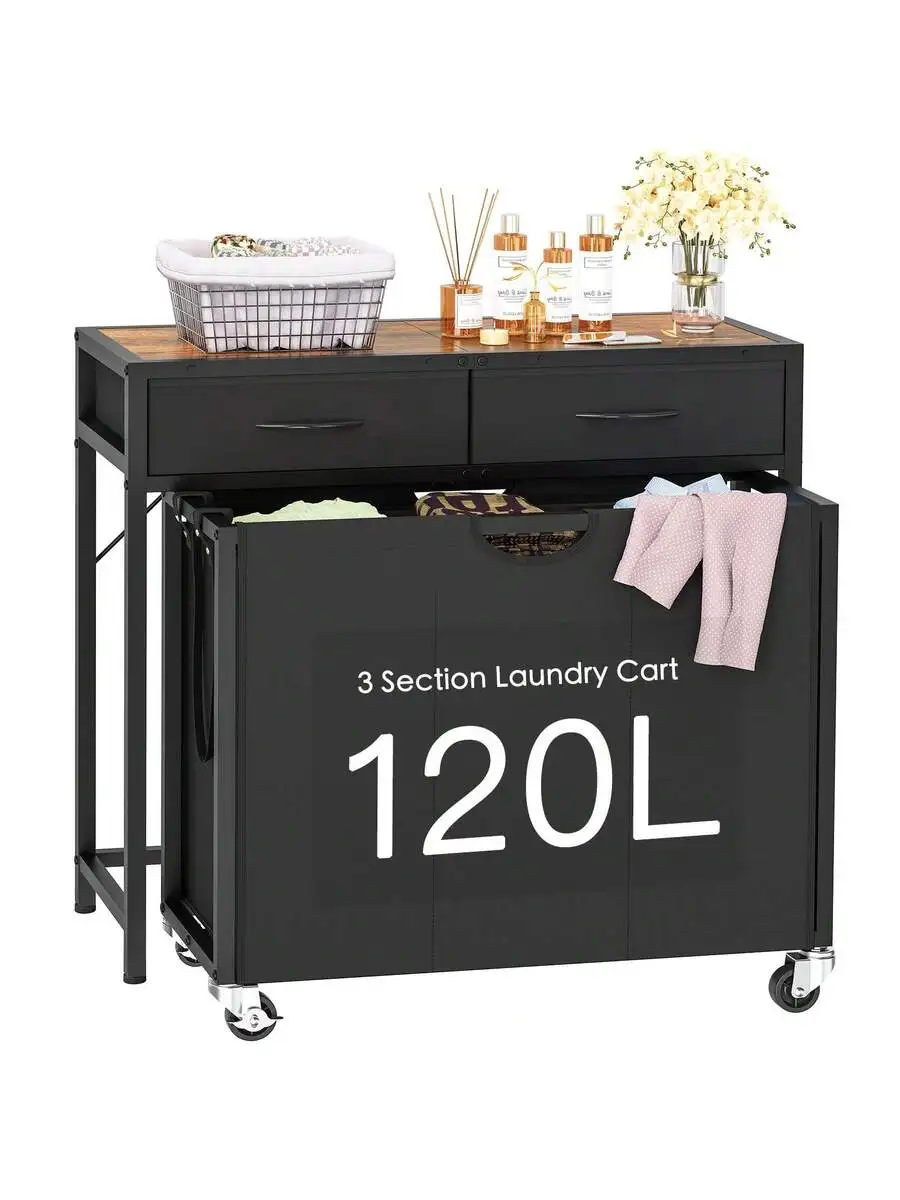 

FIONESO Laundry Sorter, Rolling Laundry Hamper With 3 Section Pull-Out Bags, Laundry Basket Organizer With 2 Drawers & 2-Tone