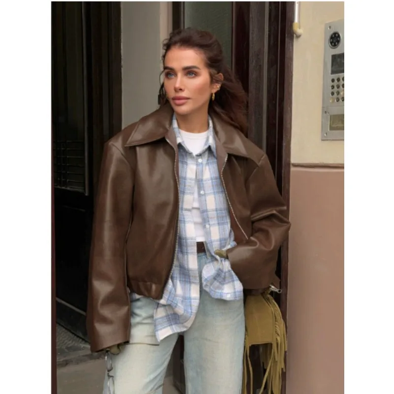 

Lapel Leather Short Coat Retro Women's Zipper Long Sleeve Jackets Female 2025 New Autumn Fashion High Street Jackets