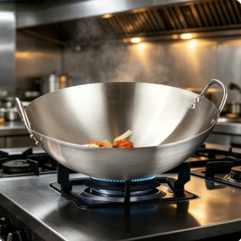 Large Dual Handle Uncoated Stainless Steel Wok, Thick Durable Chef Pan Easy To Clean For Home Commercial Kitchen