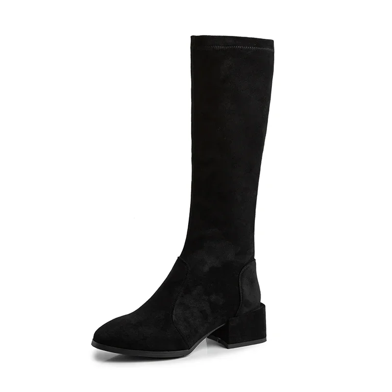 Petite Feet Slip On Women Knee High Boots Elegant Ladies Black High Heels Booots Fashion Splicing Round Toe Boots