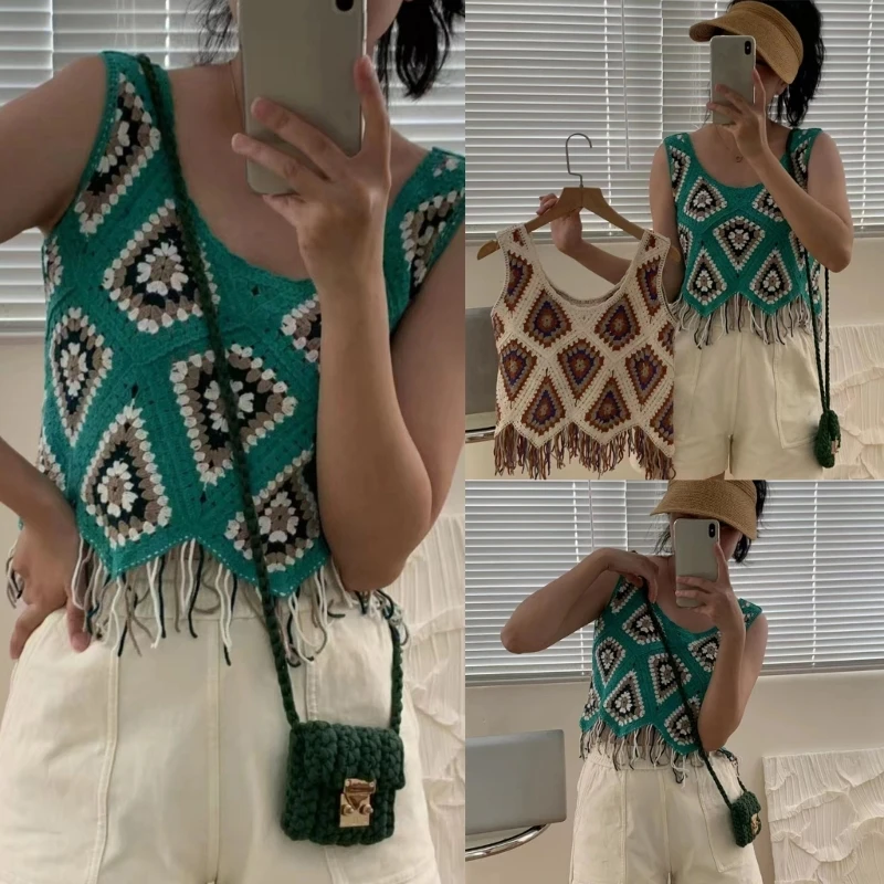 Women Hollow Out Crochet Vintage Tassel Crop Top Holiday Vacation Knitted Colorful Geometric Wide Strap Camisole Vest