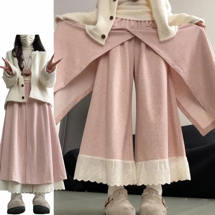 

Корейские женские брюки-юбка с рюшами и кружевом, утепленные, с высокой талией, широкие штанины, повседневные, осень-зима