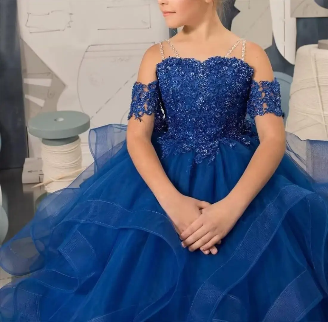 Prinzessin 2026 Blumenmädchen-Spitzen bestickte Festzugskleider für Kinder, Übergröße, mehrlagiger Tüll, Erstkommunion-Kleider für Kinder