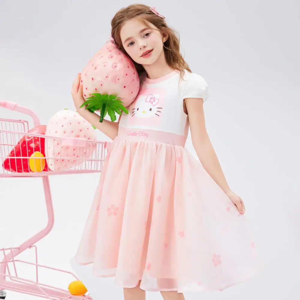 

Sanrio Hello Kitty, платье для маленьких девочек от 3 до 14 лет, сетчатая юбка принцессы, летние милые платья с короткими рукавами для свадебной вечеринки, детские подарки