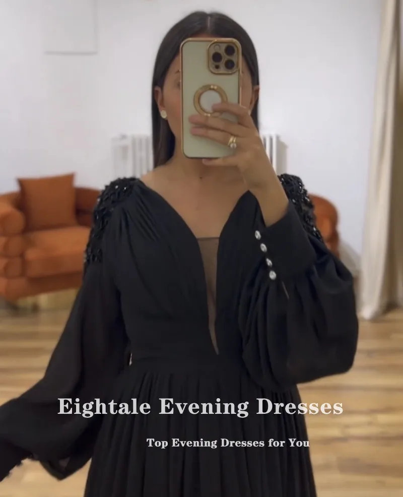 Eightale Arabic Evening Dresses for Wedding Party Long Puffy Sleeves Appliques V-Neck Black Formal Prom Gowns robe femme soirée