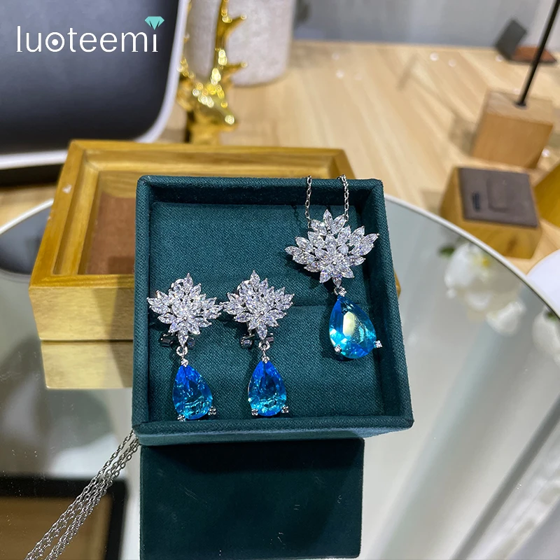 LUOTEEMI Higanbana Flower Luxury AAA Cubic Zirconia Silver Color Earring Necklace Set For Girl Bridal Wedding Anniversary Sets