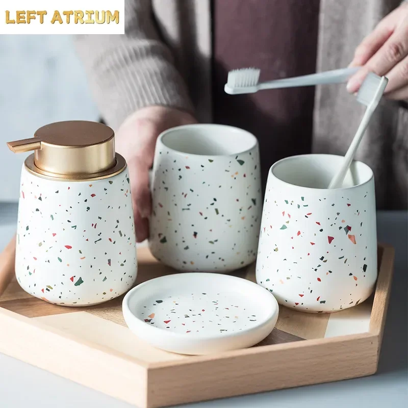 European Bathroom Decoration Set, Terrazzo Ceramic, Emulsion Bottle, Gargle Cup, Soap Dish, Art Supplies