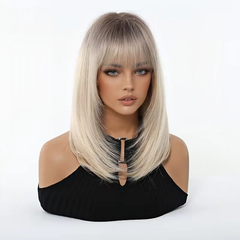 Dark Root Ombre Blonde Layered Bob Synthetic Wig with Fringe Bangs Women Daily Hair Wig