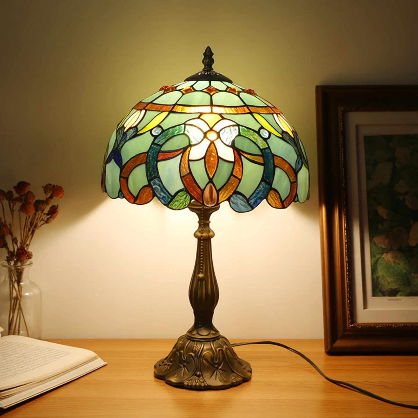 Antique colored glass banker desk lamp, rose dragonfly, modern design dome vintage desk lamp, home office zipper