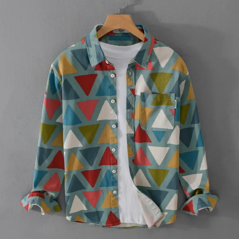 

2024 Spring Autumn Fashion Men's Colorful Printed Long-sleeved Shirt Style Geometric Chic Street Top