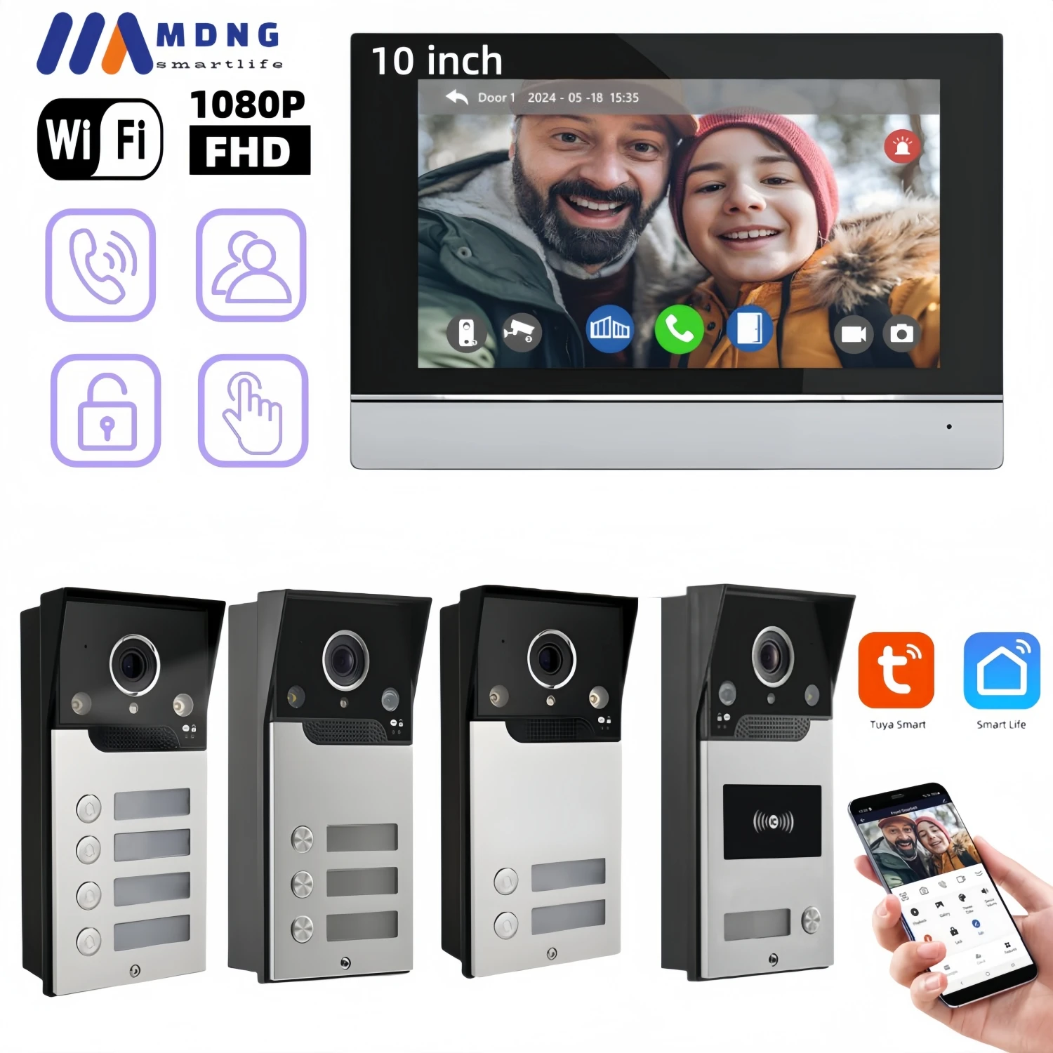 

Wired Video Door Phone Intercom System Tuya Wifi 10 Inch Monitor 1080P Video Doorbell for 1/2/3/4 Unit Multi Apartments Families