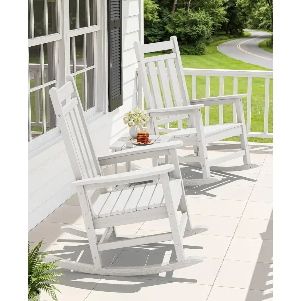 All-Weather Outdoor Rocking Chair Set of 2, High Back Patio Rockers with Wide Seats for Garden, Lawn, White