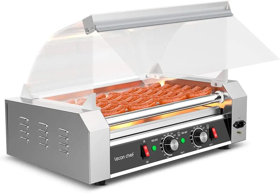 machine Commercial Grade Stainless Steel Electric 24 Hot Dog 7 Roller Grill Cooker Machine with Detachable Glass Cover、Dust cove