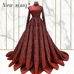 Burgundy Muslim Evening Dresses Long Luxury 2022 Dubai Turkey Elegant Dress Women For Wedding Party Long Sleeve Dinner Gowns