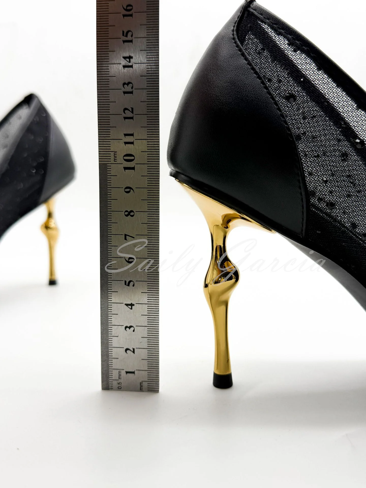 حجر الراين شبكة مضخات المرأة مثير أشار تو كعب ستيليتو القوس ديكور المعادن غير النظامية كعب جلد أنيقة فستان الحفلات الأحذية #4