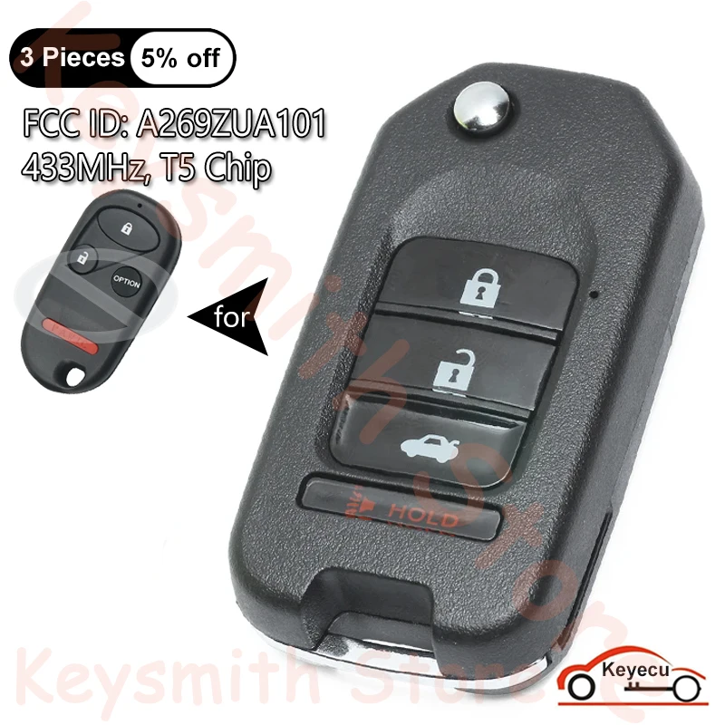 

KEYECU 4 Buttons 433MHz T5 Chip for Honda Odyssey Pilot Accord Prelude Auto Upgraded Flip Remote Key Fob FCC ID: A269ZUA101