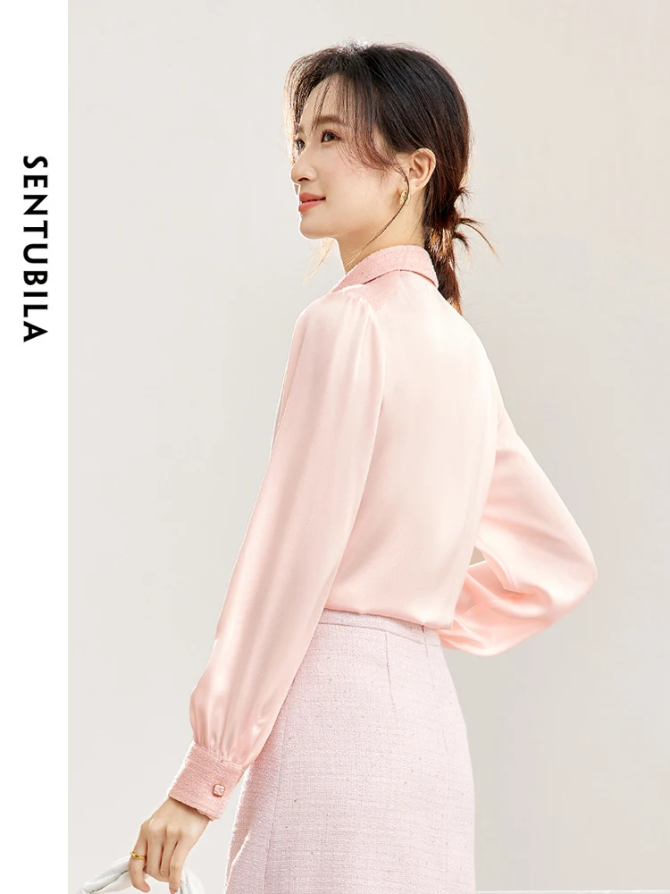 SENTUBILA Spliced Lace-up Bow Pink Shirt & Blouse Female 2024 Spring Office Lady Elegant Long Sleeve Top Women Clothes 141C53245