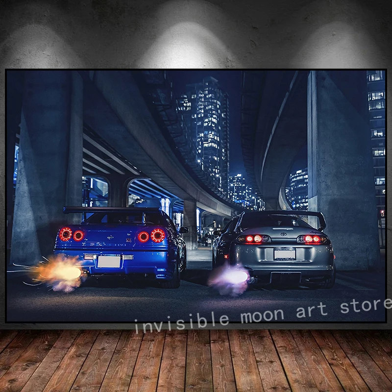 Nissan Skyline Gtr R34 Toyota Supra Exhaust Nigth Sport Car Poster Canvas Painting Wall Art Print Picture Living Room Home Decor