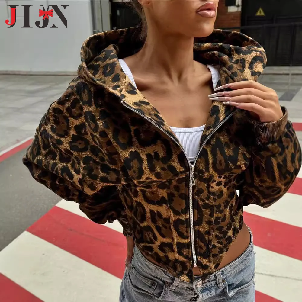Leopard Print Zipper Hooded Long Sleeves Splicing Together Irregular Waist Seal Design Street Fashion Hoodie Cardigan Luxury