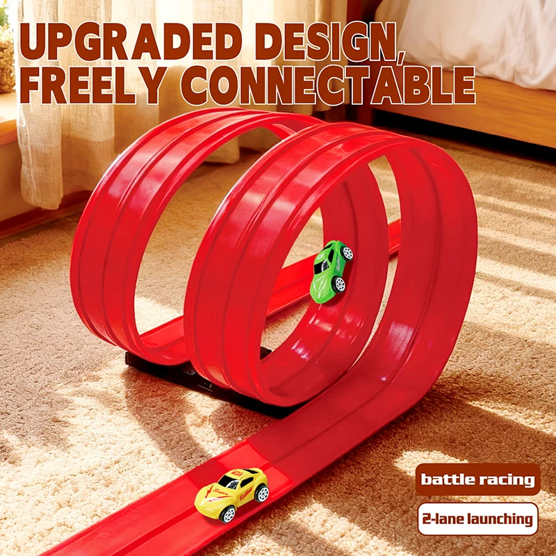ของเล่นรางรถแบบยืดหยุ่น 5 เมตร & รถจิ๋ว DIY เกมแข่งรถบนรางแบบพกพา รางรถแบบม้วนเก็บได้ ของขวัญเสริมพัฒนาการสำหรับเด็ก
