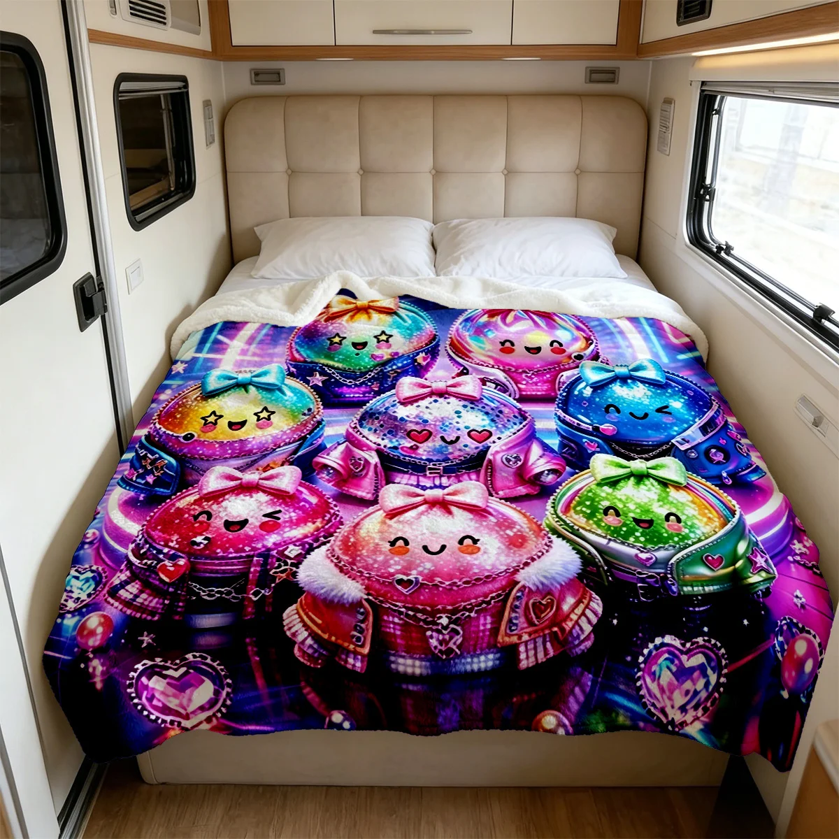 1pc Neon Cyber Cartoon Colorful Shimmering Bao with Bow Pattern Flannel Blanket, Comfortable And Soft, All-Season Use, Machine W