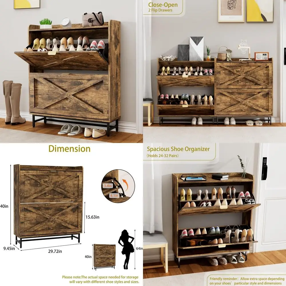 

Freestanding Metal Leg Shoe Organizer Cabinet with Flip Drawers for Entryway Storage, Narrow Rack for Shoes