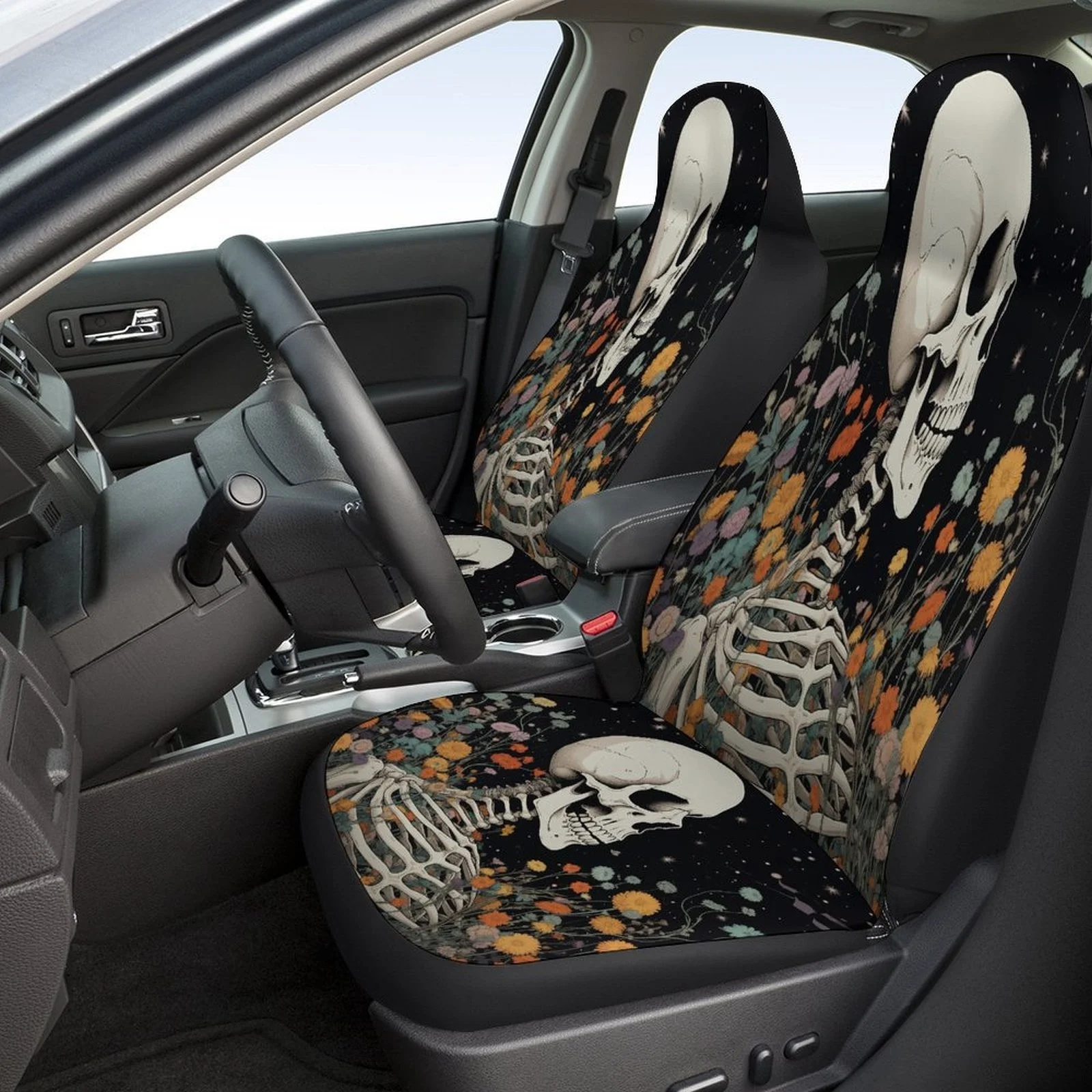 Skull Sun Daisy Butterfly Themed Car Seat Cover Set For Most Cars, Fashionable Personalized Novelty Full Set Protector Covers Fo