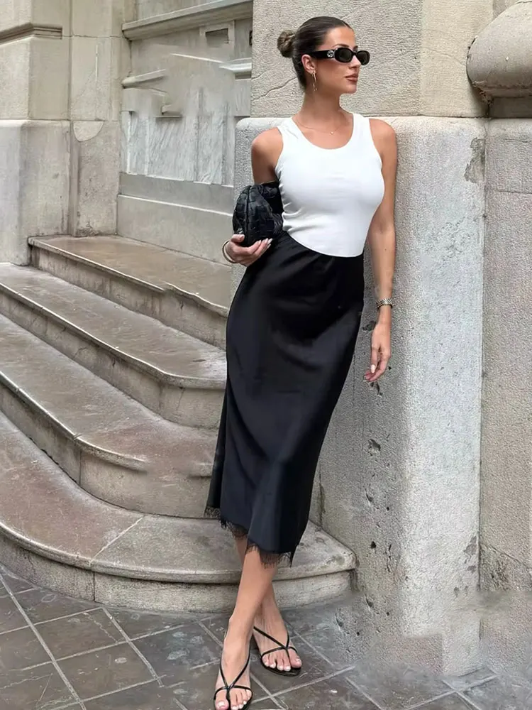 HH Women Fashion Lace Hem Skirt Elastic Waist Slim Straight Midi Skirt Woman Elegant Evening Club Party Lady Chic Skirt