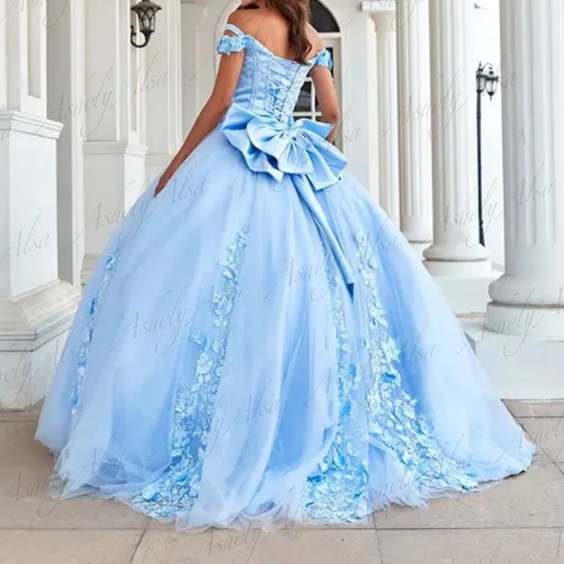 Customized Luxury Princess Girl Quinceanera Dresses Cap Sleeve 3D Flower Applique Bow Ball Gown Prom Party Dress Dancing Wear