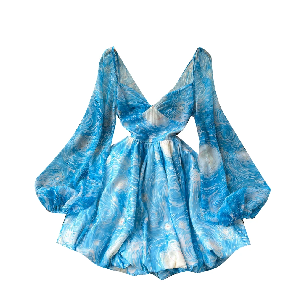 Vestido de mujer con estampado Floral y manga abullonada, Espalda descubierta, Falda corta de verano, cintura alta, estilo co...