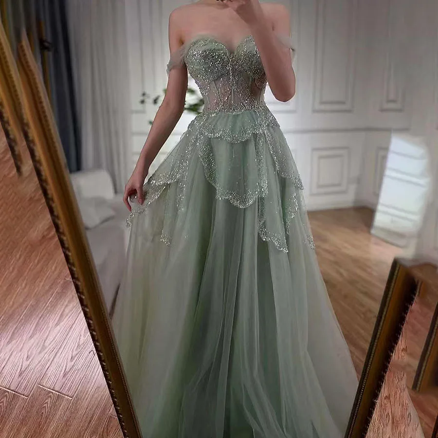 Charming Prom Gowns Illusion Sparkly Off shoulder sleeveless Tulle green Evening dress A-line Gown Vestidos De Gala Custom