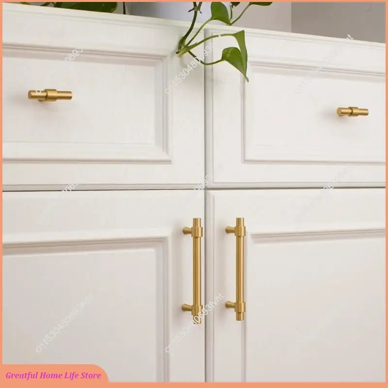 AT59 Gold Drawer Round Brass Cabinet Pulls Kitchen Cabinet Door Handles T Type Wardrobe Brass Handles Brass Cabinet Door Pulls