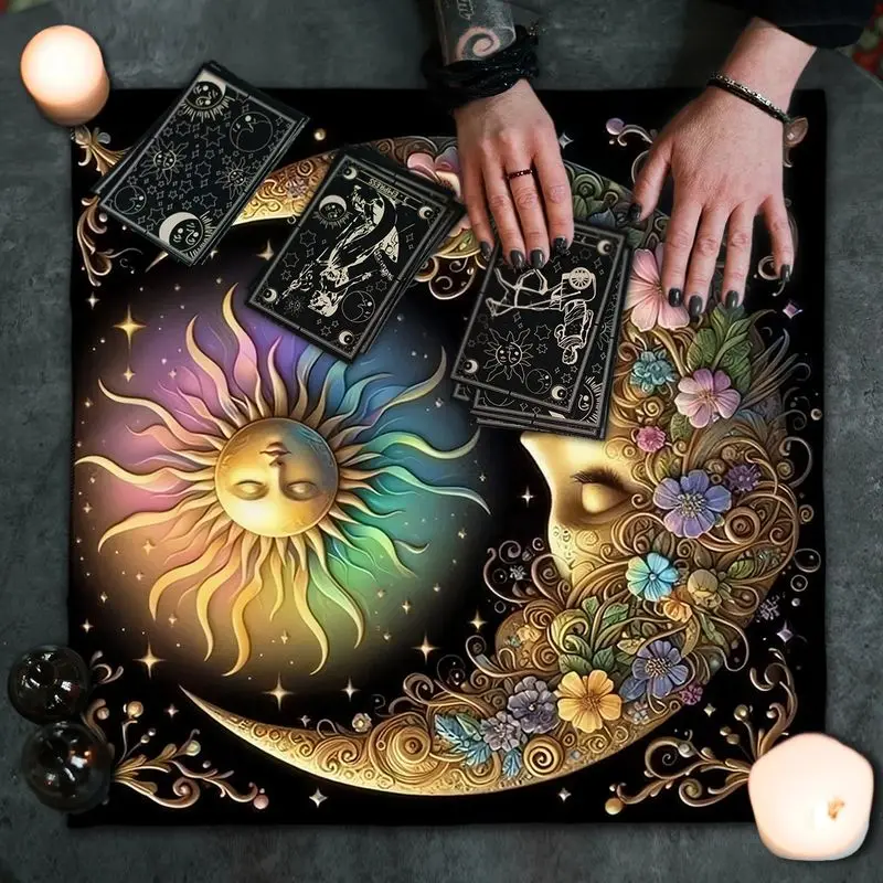Tarot Altar Cloth Black Floral Sun Moon Face Witchy Divination Mat for Tarot Reading Wicca Astrology Home Decor