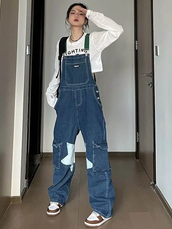 

Утягивающие японские джинсовые комбинезоны, женские весенне-осенние повседневные джинсы большого размера с высокой талией и широкими штанинами