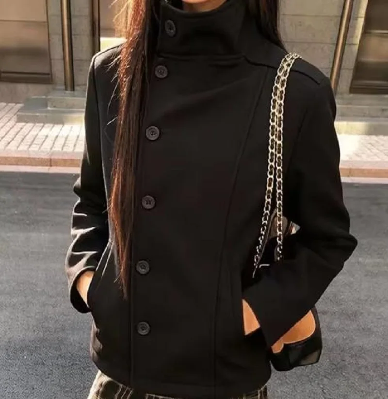 2026 Women's minimalist retro stand up collar thick coat, asymmetrical button decoration, slim fit long sleeved top, winter